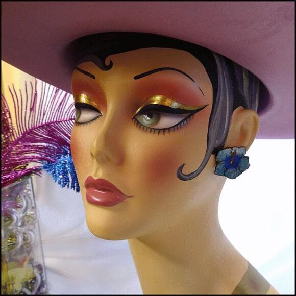 1950s French Cloisonne Vintage Copper Earrings Blue Orchids 16116 - Picture 4 of 6